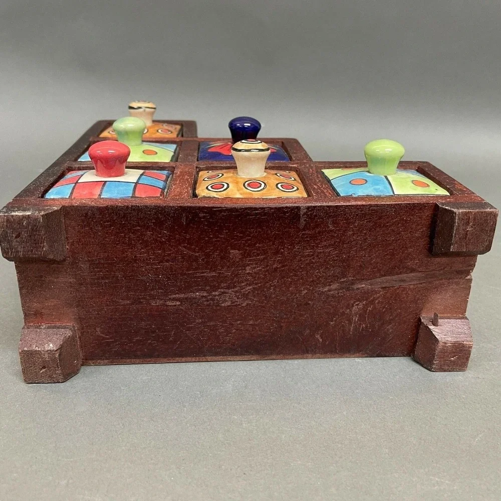 Heavy Wooden Ceramic 6‎ Drawer Cupboard Jewelry Box Spice Hippie Boho India